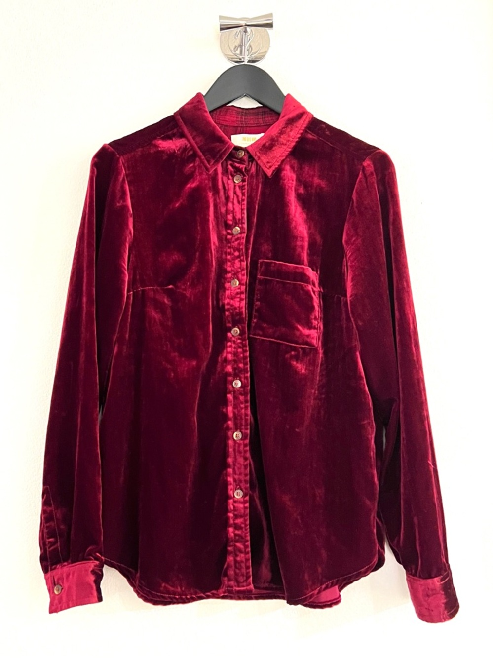 Anthropologie Velvet Blouse Women US 4 Burgundy Button Down Shirt Long Sleeve